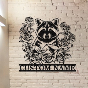 Custom Raccoon Floral Metal Sign,Raccoon Wall Art,Metal Raccoon Wall Decor,Personalized Raccoon Sign Name,Front Door Decor,Garden Decor