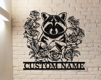 Custom Raccoon Floral Metal Sign,Raccoon Wall Art,Metal Raccoon Wall Decor,Personalized Raccoon Sign Name,Front Door Decor,Garden Decor