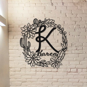 Signo de apellido personalizado, signo de nombre de familia de cactus, arte de metal de letra inicial personalizada, arte de pared de nombre de cactus, suspensión de puerta delantera, monograma de metal