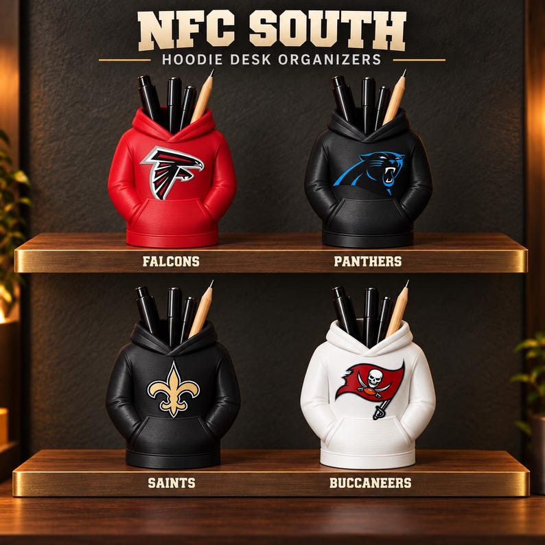 May include: Four hoodie-shaped desk organizers labeled NFC SOUTH HOODIE DESK ORGANIZERS. The red Falcons, black Panthers, black Saints, and white Buccaneers organizers each hold black pens and a pencil, featuring their respective team logos.