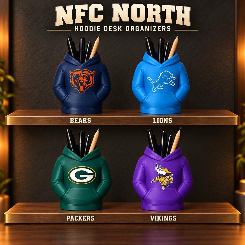 May include: Four hoodie-shaped desk organizers labeled NFC NORTH HOODIE DESK ORGANIZERS. The navy Bears, blue Lions, green Packers, and purple Vikings organizers each hold black pens and a wooden pencil, with team logos printed on the front.