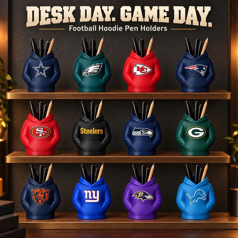 May include: Twelve desk pen holders shaped like miniature football hoodies, each featuring a different team logo. The holders are arranged on three wooden shelves under the text DESK DAY. GAME DAY. Football Hoodie Pen Holders.