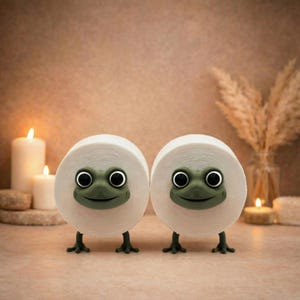 May include: Two whimsical toilet paper roll holders, each designed as a frog with large black eyes and a green face. The rolls are white, and the frog legs are green. The background includes candles and decorative elements, creating a playful bathroom decor theme.