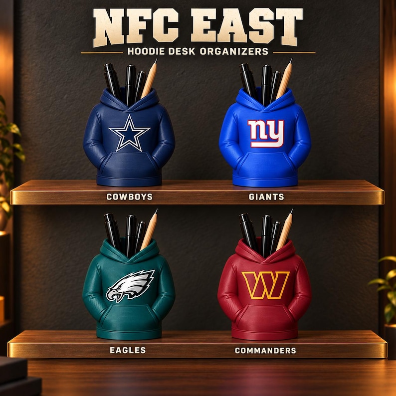 May include: Four desk organizers shaped like miniature hoodies, each featuring a different NFL team logo: the Dallas Cowboys star, New York Giants 'ny', Philadelphia Eagles eagle, and Washington Commanders 'W'. Each holds pens and pencils.
