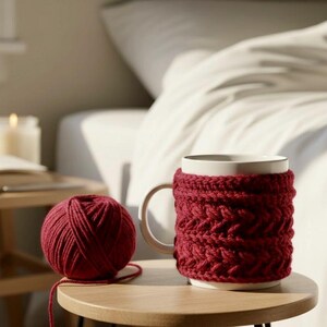 Peut inclure: Une tasse en céramique blanche avec une housse tricotée bordeaux et une pelote de laine bordeaux. La housse a un motif tissé texturé. La tasse et la laine sont sur une petite table en bois, avec une bougie allumée et un livre en arrière-plan.