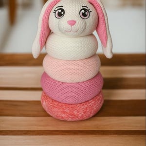 Bunny Toy Stacker PDF Pattern, Circular knitting Addi King or Sentro 48, Easter Baby Gift DIY image 4
