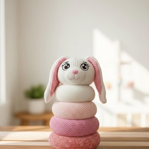 Schema PDF per impilare i giocattoli a forma di coniglietto, maglia circolare Addi King o Sentro 48, regalo di Pasqua fai da te per neonati