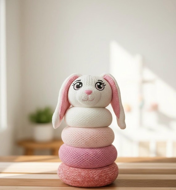 Bunny Toy Stacker PDF Pattern, Circular knitting Addi King or Sentro 48, Easter Baby Gift DIY