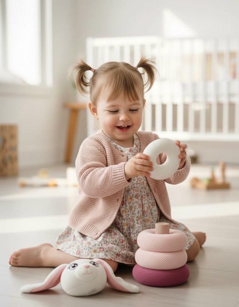 Bunny Toy Stacker PDF Pattern, Circular knitting Addi King or Sentro 48, Easter Baby Gift DIY image 2