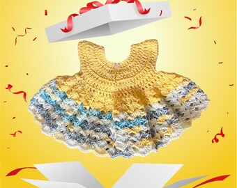 3-6 Months Crochet Baby Dress, Cotton Yellow and Blue Photo Outfit, Adjustable Headband Set