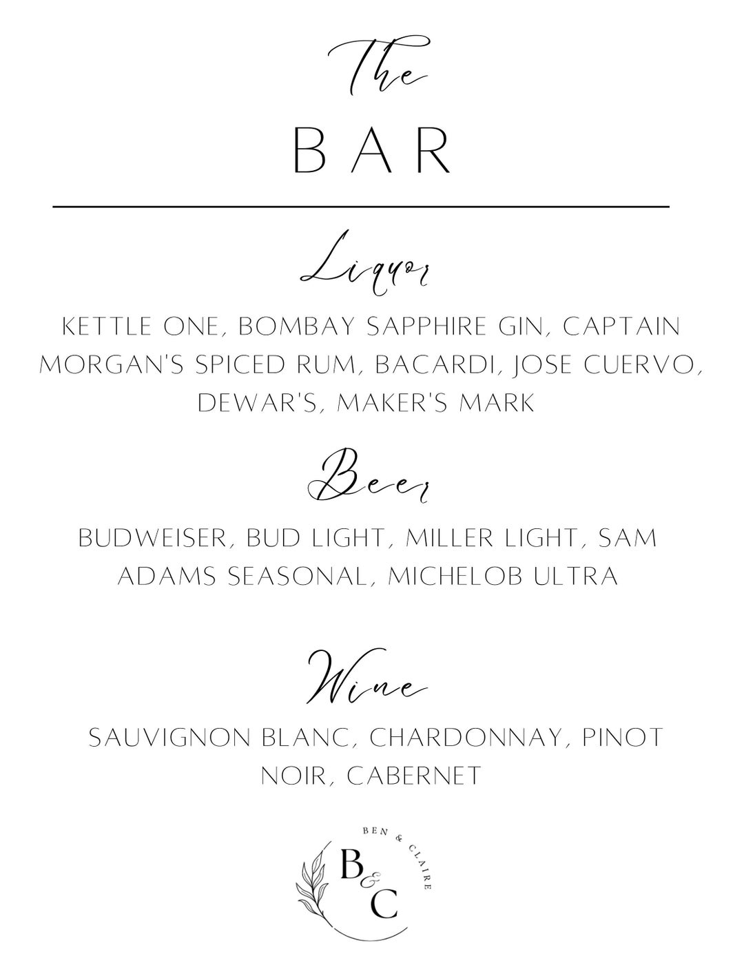 Wedding Bar Menu Custom Digital Bar Menu 8x10 Event Bar Menu