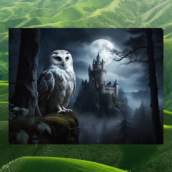 Owl and Castle Art, Fantasy Landscape Art, Ai Generated Wall Art, Enchanted Decor, Fantasy Home Decor, Whimsical, Digital Download, Magical
