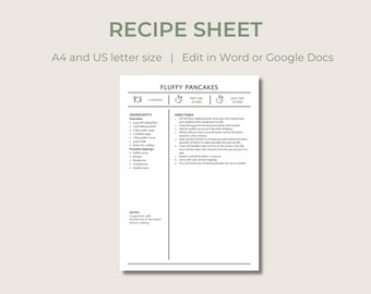 Recipe Card or Book Template | Editable and Printable | A4 | Word Template