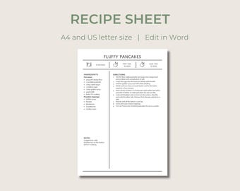 Recipe Card or Book Template | Editable and Printable | A4 and US letter | Word Template