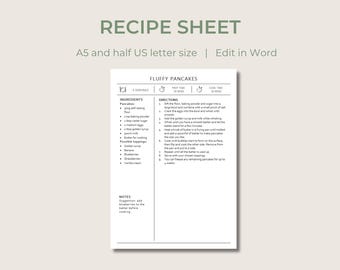 Rezeptkarte oder Buchvorlage | Bearbeitbar und druckbar | A5 & half US letter | Word Vorlage