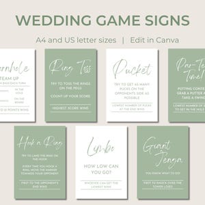 Letreros de boda en verde salvia: Plantilla editable de Canva (A4/Carta EE. UU.)