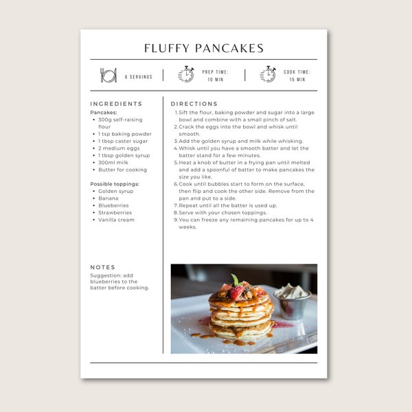 Simple Recipe Card Template | Editable and Printable | A4/US letter | Canva Template