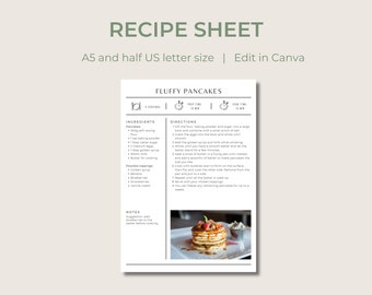 Simple Recipe Card Template | Editable and Printable | A5/Half US letter | Canva Template