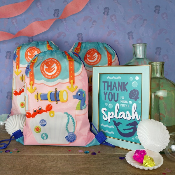 Mermaid Magic Drawstring Party Favor Bags - Underwater Themed Goodie Treat Bags for Birthdays and Events