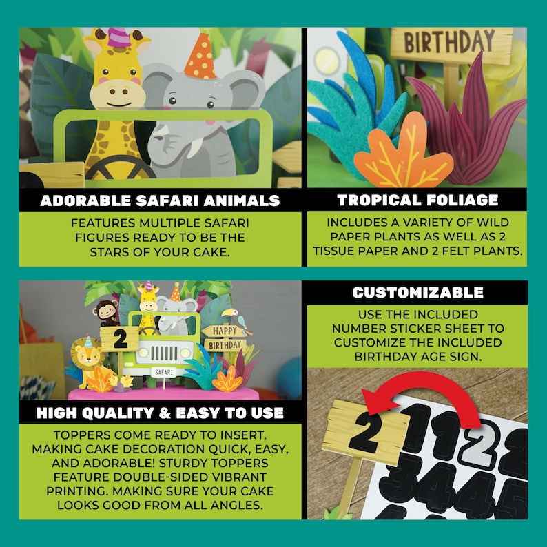 Safari Adventure Cake Topper - Jungle Animals Birthday Party Decor ...