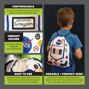 May include: A white drawstring bag with a space-themed design. The bag features a rocket ship, planets, and stars. The bag has a drawstring closure and is personalized with the name "Grayson".