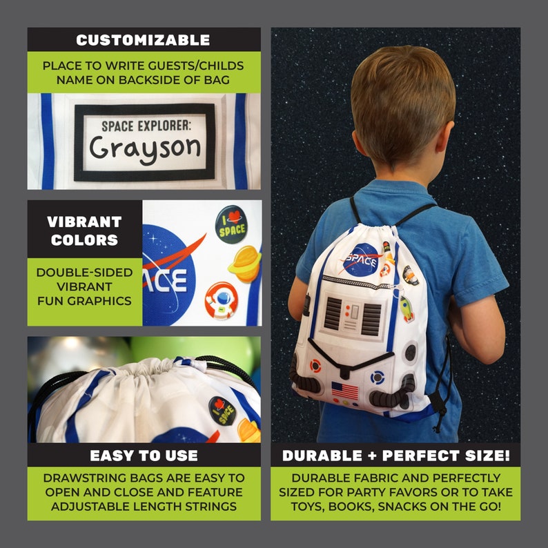 May include: A white drawstring bag with a space-themed design. The bag features a rocket ship, planets, and stars. The bag has a drawstring closure and is personalized with the name "Grayson".