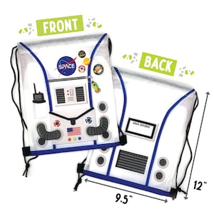 May include: A white drawstring bag with a space explorer design. The front of the bag features a blue and white astronaut suit with the word "SPACE" on the chest. The back of the bag has a blue and white space explorer design with the text "SPACE EXPLORER". The bag measures 9.5 inches wide and 12 inches tall.