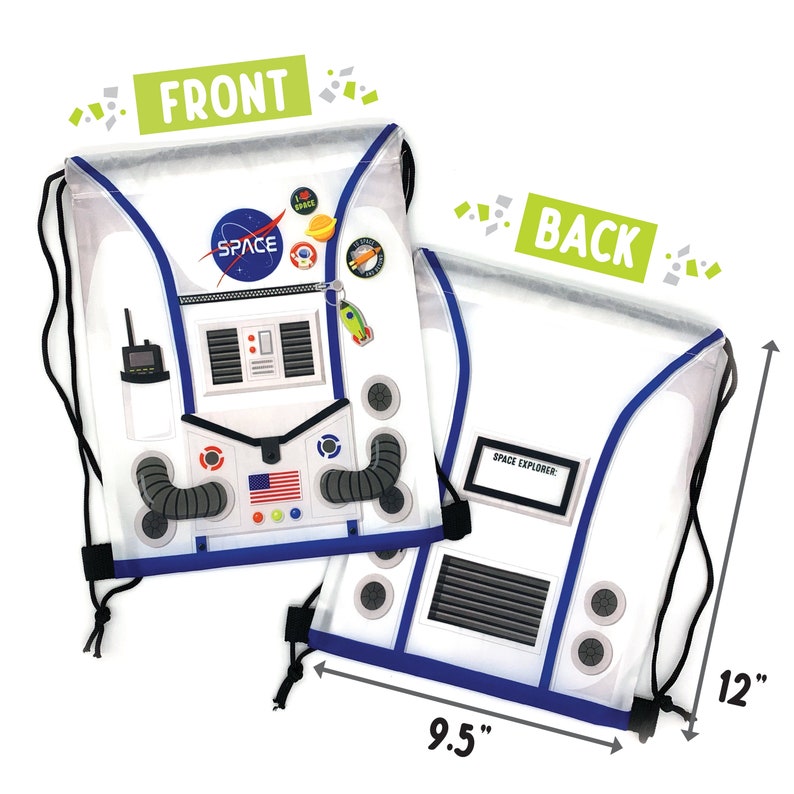 May include: A white drawstring bag with a space explorer design. The front of the bag features a blue and white astronaut suit with the word "SPACE" on the chest. The back of the bag has a blue and white space explorer design with the text "SPACE EXPLORER". The bag measures 9.5 inches wide and 12 inches tall.