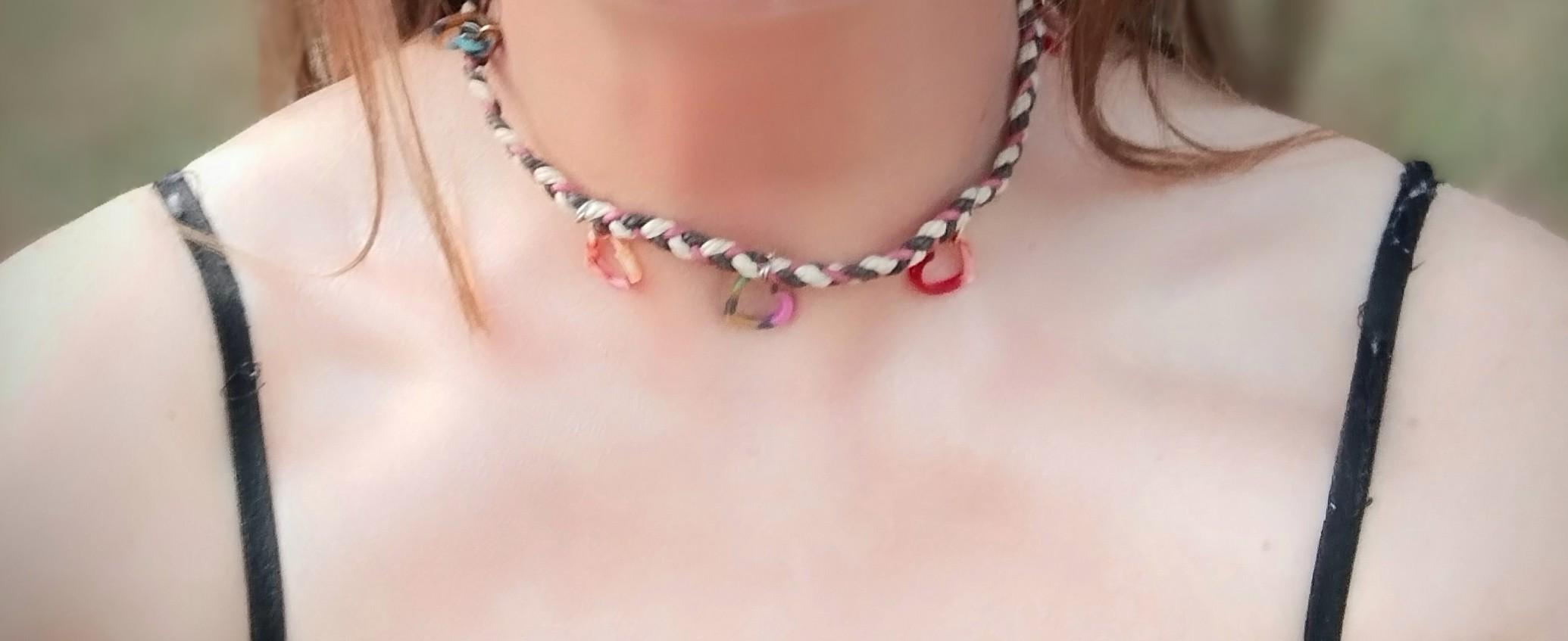 Floating Heart 20" Pink, Brown and Tan Braided Smooth Leather with Heart Dangle Multi coordinating Colors and Antique Silver plated closure