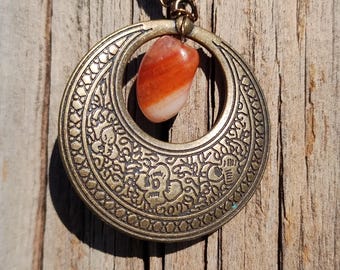 Red Carnelian Agate Pendant Necklace with Antique Bronze Setting and Brown Leather Cord
