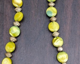 Eclectic 22&quot; Beaded Green and Antique Silver Necklace with Victorian Charm *Recycled Charm* This charm was a clip on earrings at one time