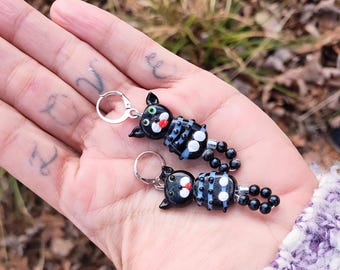 Glass Cat Charm Dangle Earrings Black and White with Silver Clasp