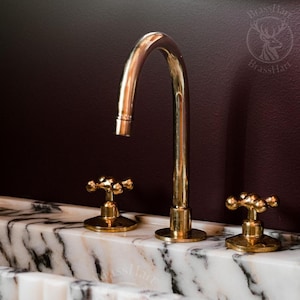 Grifo de baño de latón sin lacar de 3 orificios, grifo de montaje en encimera, lavabo de 3 orificios, grifo de baño de latón, grifo de baño, grifo de tocador