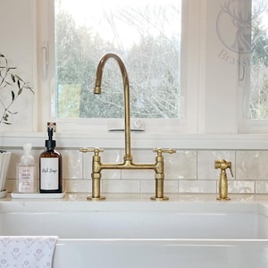 Unlacquered Brass Bridge Faucet, Antique Style, Vintage Brass Faucet, Kitchen Sink Faucet With Linear Legs, Classic Bridge Faucet