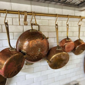 Unlacquered Brass Pot Rail, Kitchen Organizer, Hanging Pot And Pan, Wall Mounted Pot Rack Rod With S Hooks, Rustic pot rack, Brass rail