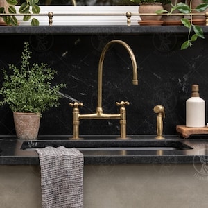 Unlacquered Brass Bridge Faucet, Antique Style, Vintage Brass Faucet, Kitchen Sink Faucet With Linear Legs, Classic Bridge Faucet