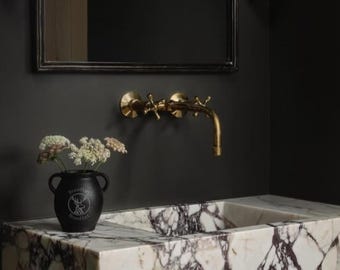 Solid Brass Wall Mounted Faucet, Unlacquered Brass Bathroom Faucet, Bath Faucet, Bathroom Vanity Sink Faucet