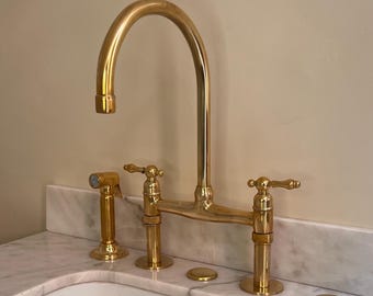 Unlacquered Brass Bridge Faucet, Antique Style, Vintage Brass Faucet, Kitchen Sink Faucet, Bridge faucet with Swivel Spout