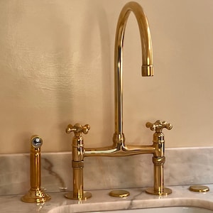 Unlacquered Brass Bridge Faucet, Vintage Brass Faucet, Antique Style, Gold Faucet, Kitchen Sink Faucet With Linear Legs
