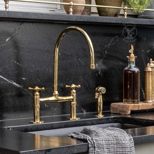 Unlacquered Brass Bridge Faucet, Vintage Brass Faucet, Antique Style, Gold Faucet, Kitchen Sink Faucet With Linear Legs