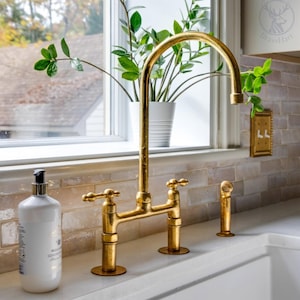 Unlacquered Brass Bridge Faucet, Antique Style, Vintage Brass Faucet, Kitchen Sink Faucet With Linear Legs, Classic Bridge Faucet