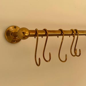 Unlacquered Brass Pot Rail, Kitchen Organizer, Hanging Pot And Pan, Wall Mounted Pot Rack Rod With S Hooks, Rustic pot rack, Brass rail