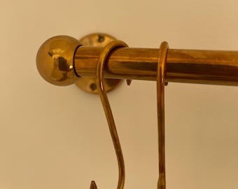 Unlacquered Brass Pot Rail, Kitchen Organizer, Hanging Pot And Pan, Wall Mounted Pot Rack Rod With S Hooks, Rustic pot rack, Brass rail