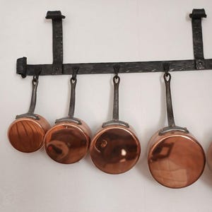Vintage French Copper Cookware Set, 5 Piece Tin Lined Pots, Pans & Saucepans with Cast Iron Handles, Vintage Pans with Cast Iron Handles