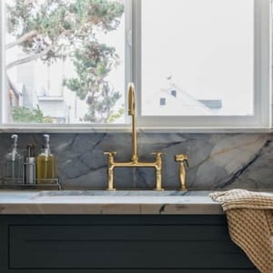 Unlacquered Brass Bridge Faucet, Antique Style, Vintage Brass Faucet, Kitchen Sink Faucet With Linear Legs, Classic Bridge Faucet