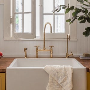 Unlacquered Brass Bridge Faucet, Vintage Brass Faucet, Antique Style, Gold Faucet, Kitchen Sink Faucet With Linear Legs