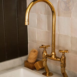 Unlacquered Brass Bridge Faucet, Vintage Brass Faucet, Antique Style, Gold Faucet, Kitchen Sink Faucet