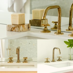 Grifo de lavabo de latón - Grifo de lavabo de 3 orificios - Grifo de baño de latón sin lacar - Grifo de encimera - Artesanía atemporal