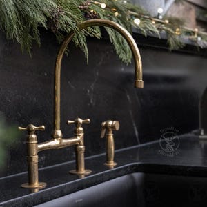 Unlacquered Brass Bridge Faucet, Antique Style, Vintage Brass Faucet, Kitchen Sink Faucet With Linear Legs, Classic Bridge Faucet