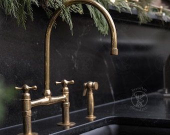 Unlacquered Brass Bridge Faucet, Antique Style, Vintage Brass Faucet, Kitchen Sink Faucet With Linear Legs, Classic Bridge Faucet